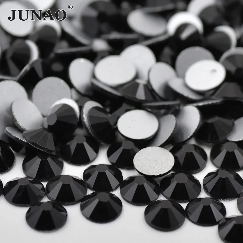 

JUNAO ss6 ss8 ss12 ss16 ss20 Black Crystal Flatback Nail Art Rhinestones Round Glass Stones Glue On Nail Beads AB Strass Crystal