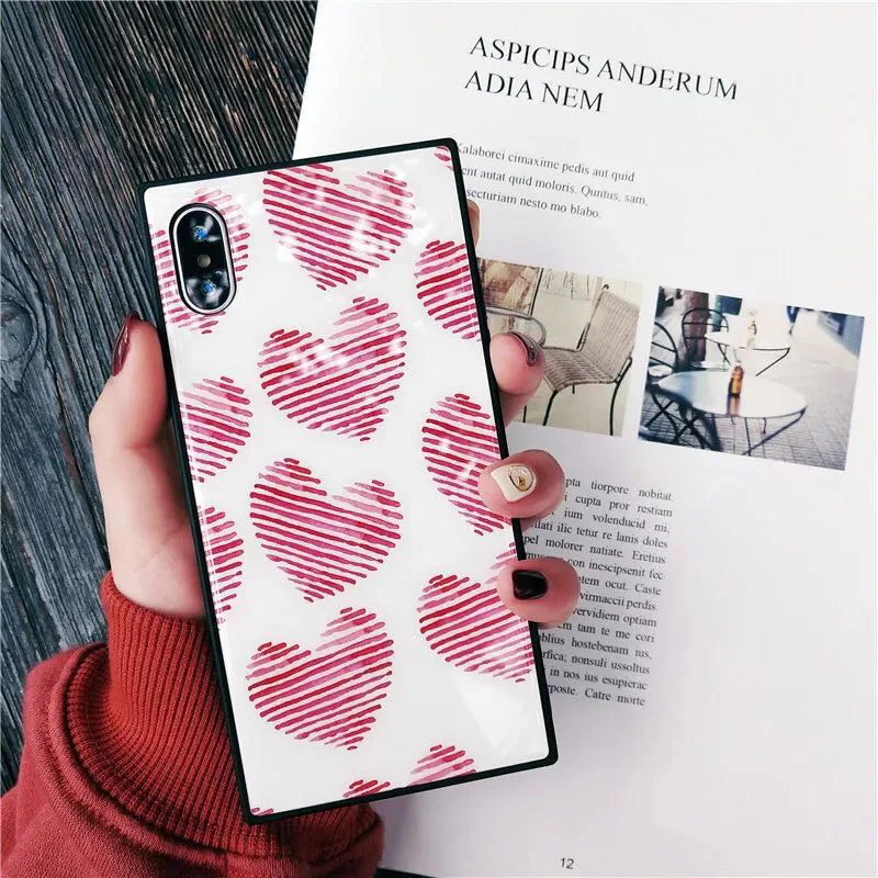 Red Love Heart Tempered Glass Phone Case For iphoneX 8 8plus Square Cover iphone6 6s 7 7plus | Мобильные телефоны и