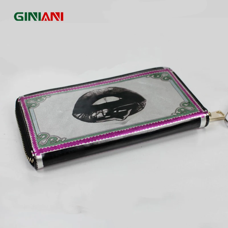 

GINIANI Red Lips Silver Coating Genuine Leather Standard Zipper Long Wallet Women's Individual Fashion Big Mouth Clutch