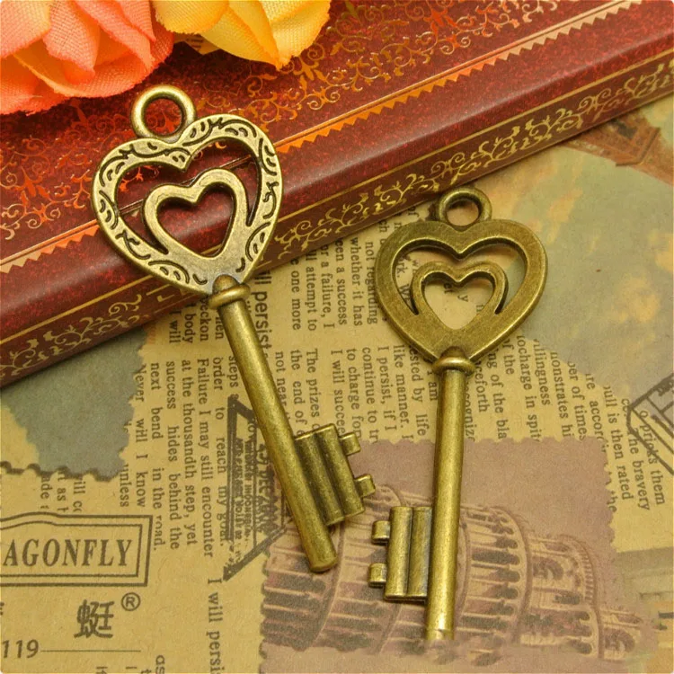

Hot selling 3 piece/lot 50mm*19mm antique bronze plated key charms double heart key charm for diy handmade craft jewelry making
