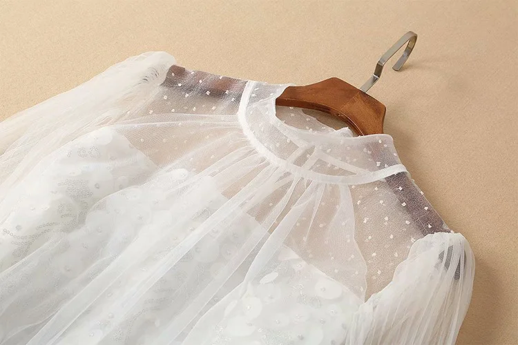 Bling пайетками see through белый/розовый Сетчатое платье Стенд воротник Длинные рукава ТРАПЕЦИЕВИДНОЕ ПЛАТЬЕ С Вышивкой летние вечерние женские платья