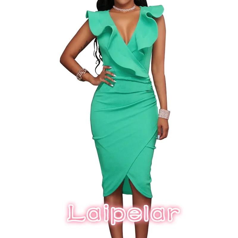 

Women Summer Dress Sexy Sleeveless V Neck Pencil Party Dresses Ladies Ruffles Bodycon Slim Midi Club Vestidos Laipelar