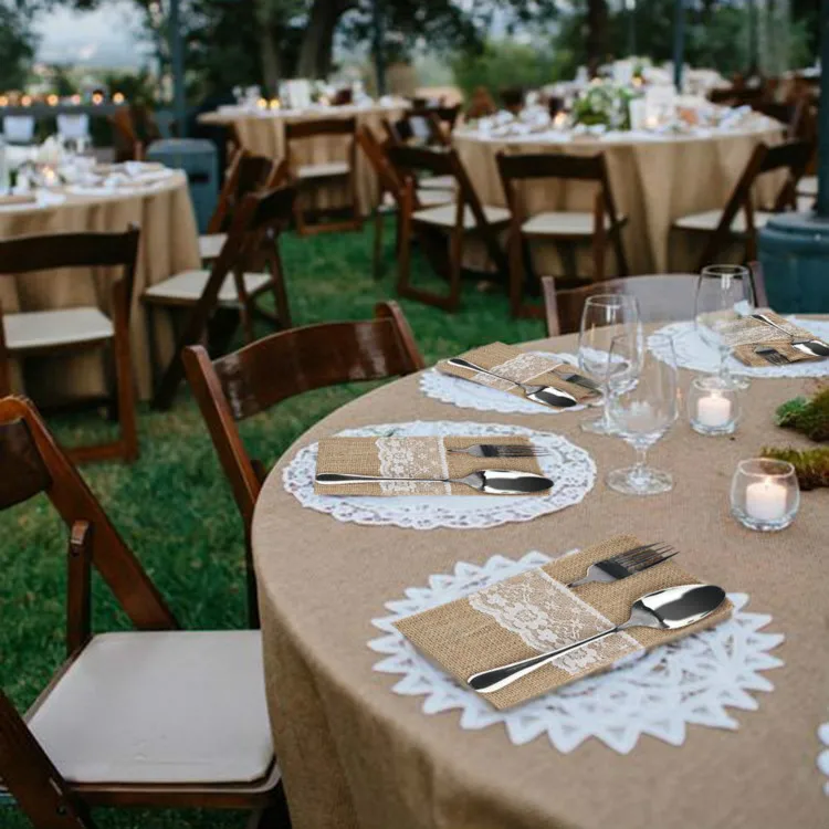 

Natural Burlap Lace Silverware Napkin Holder Knife Fork Cutlery Pouch Tableware Utensils Bag for Rustic Wedding Party Bridal Bab