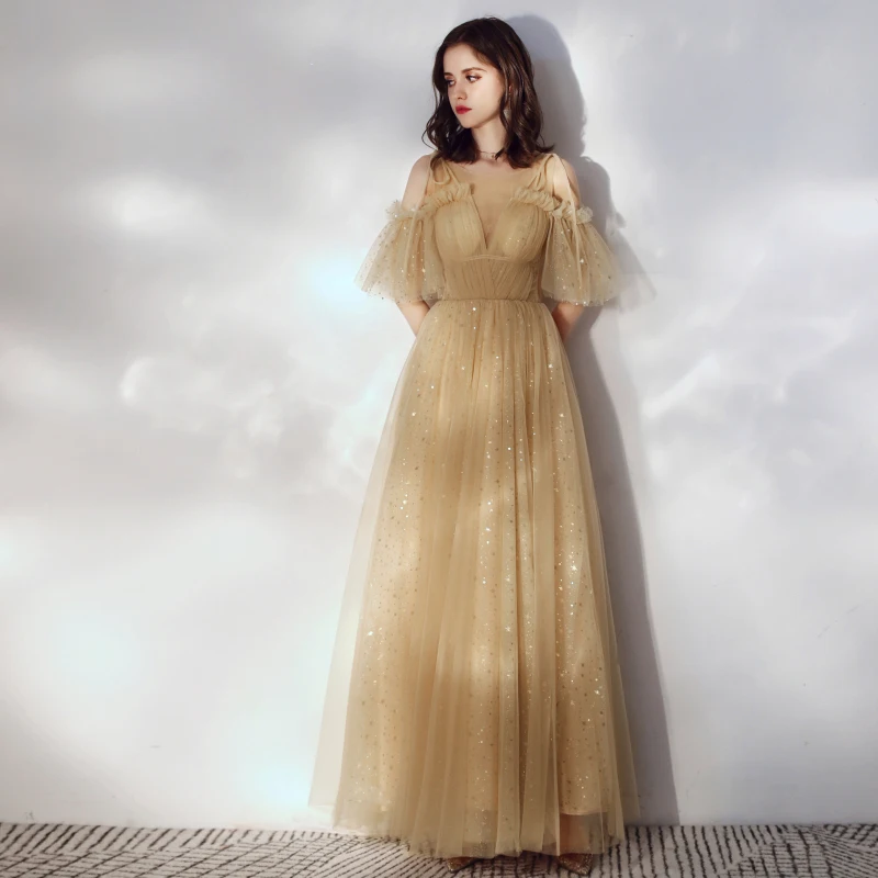 SSYFashion новинка блестящее платье цвета шампанского с блестками в пол Длинные