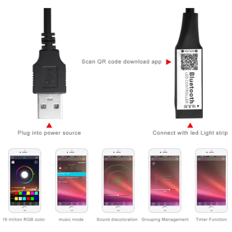 Черный USB разъем умный RGB Bluetooth Таймер для 5 В 3528 5050 Светодиодная лента контроллер
