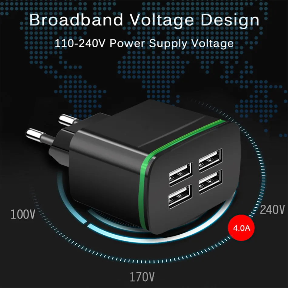 Настольный 4 Порты USB Зарядное устройство для iPhone iPad Xiaomi Samung светодиодный светильник для розетки ЕС 5В 4A настенный адаптер для мобильных телефонов универсальное зарядное устройство