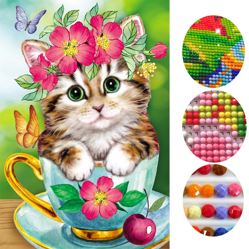 Diy 5D алмазов картина чашка котенок круглый Алмазная мозаика вышивки крестом