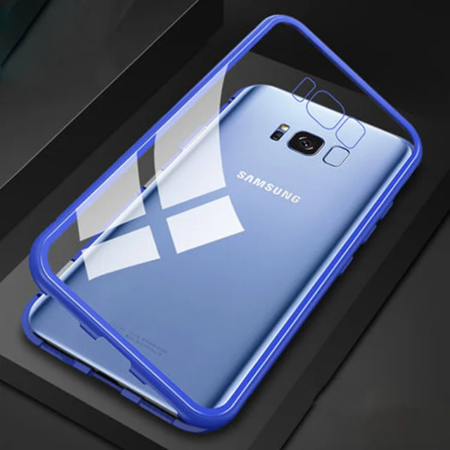 Прозрачный Магнитный Флип-кейс из закаленного стекла для samsung S9 S8 Plus S7 Edge Note8 9 Алюминиевый металлический адсорбционный телефон Аксессуары - Цвет: Blue