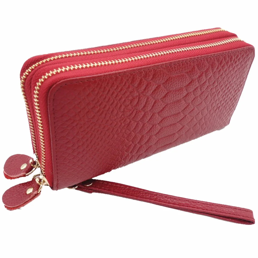 

Hot Sell New Thick Purse Fashion Women Double Zipper Wallet Wristlet Bag With Serpentine Genuine Cow leather