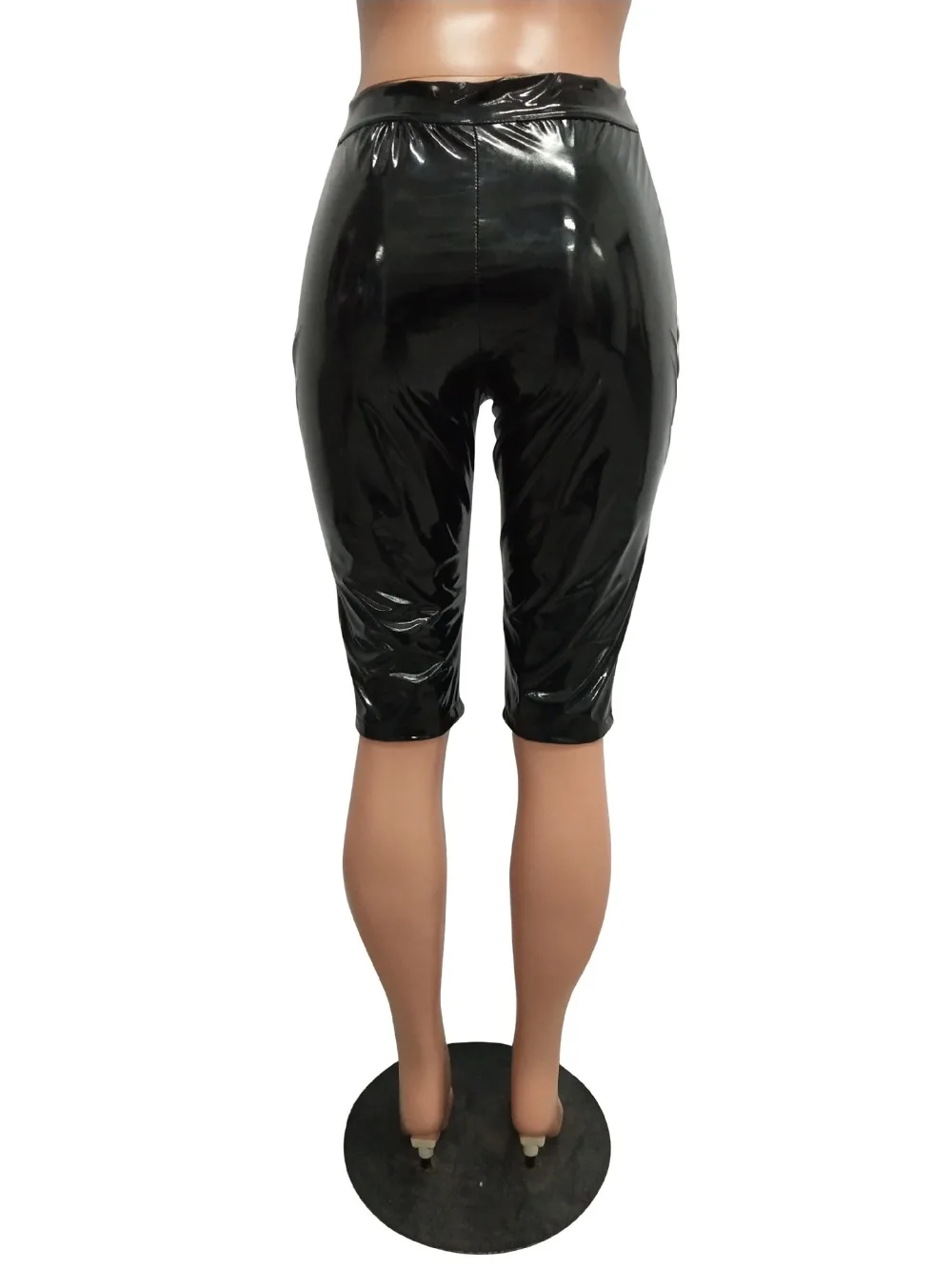 Pantalon Femme, Стрейчевые штаны из искусственной кожи, женские штаны с высокой талией, на молнии, до колена, однотонные штаны, Капри