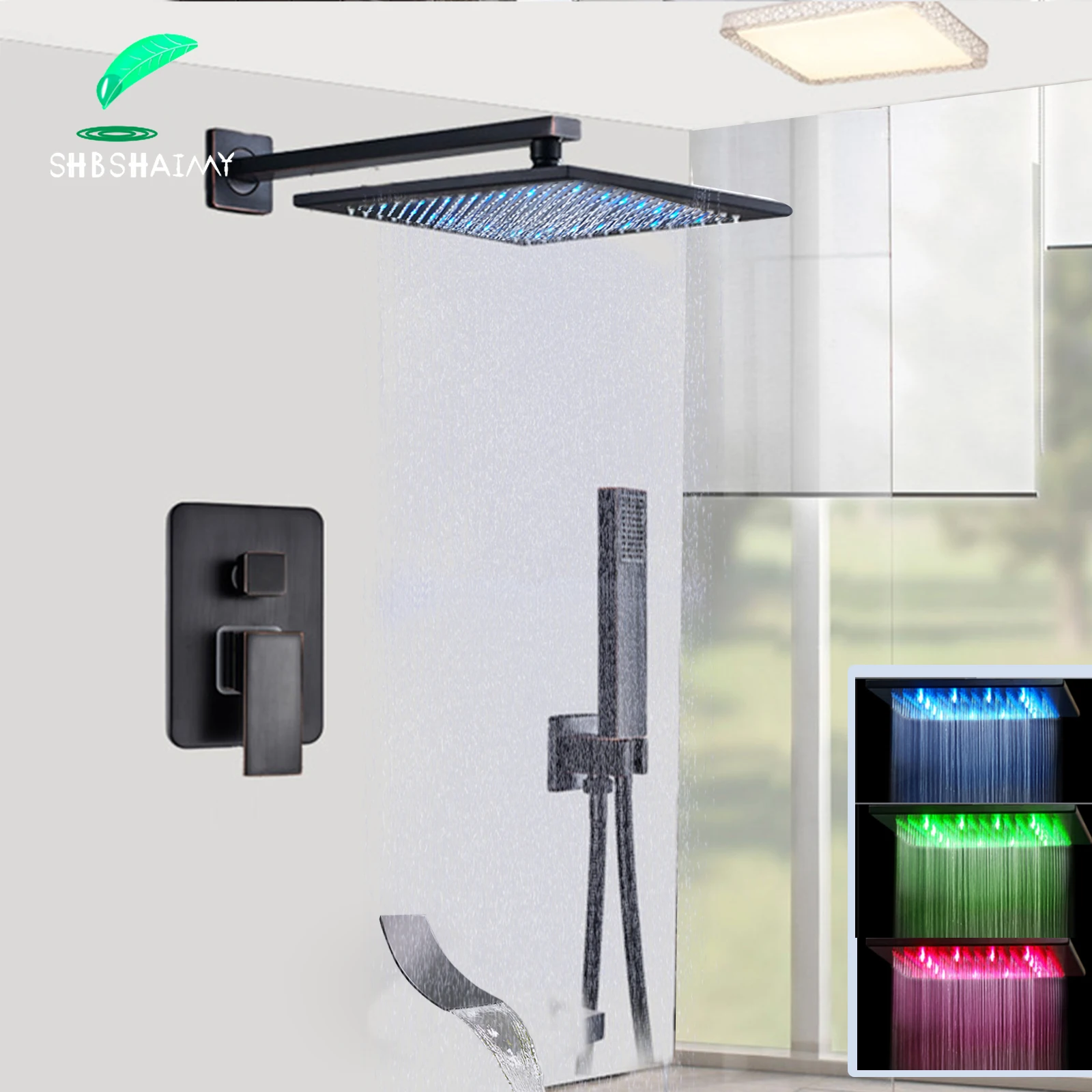 

SHBSHAIMY LED Oil Rubbed Bronze Shower Faucet Set 3-Ways Wall Mounted 8 10 12 16'' Hydroelectric LED Rainfall Shower Head