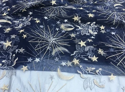 3 цвета Созвездие вышивальная сетчатая кружева ткань, звездная трехмерная вышивка одежда Весенняя юбка ткань RS1327 - Цвет: Navy
