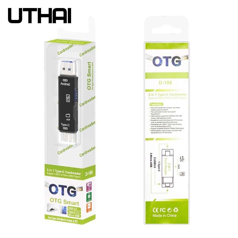 UTHAI C01 Type C/MicroUSB/USB 3в1 OTG Кардридер высокоскоростной Универсальный TF/USB для Android