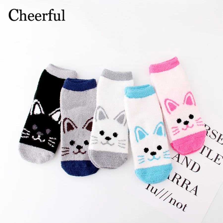 2019 модные зимние новые носки милые бархатные женские с котом кораллового цвета
