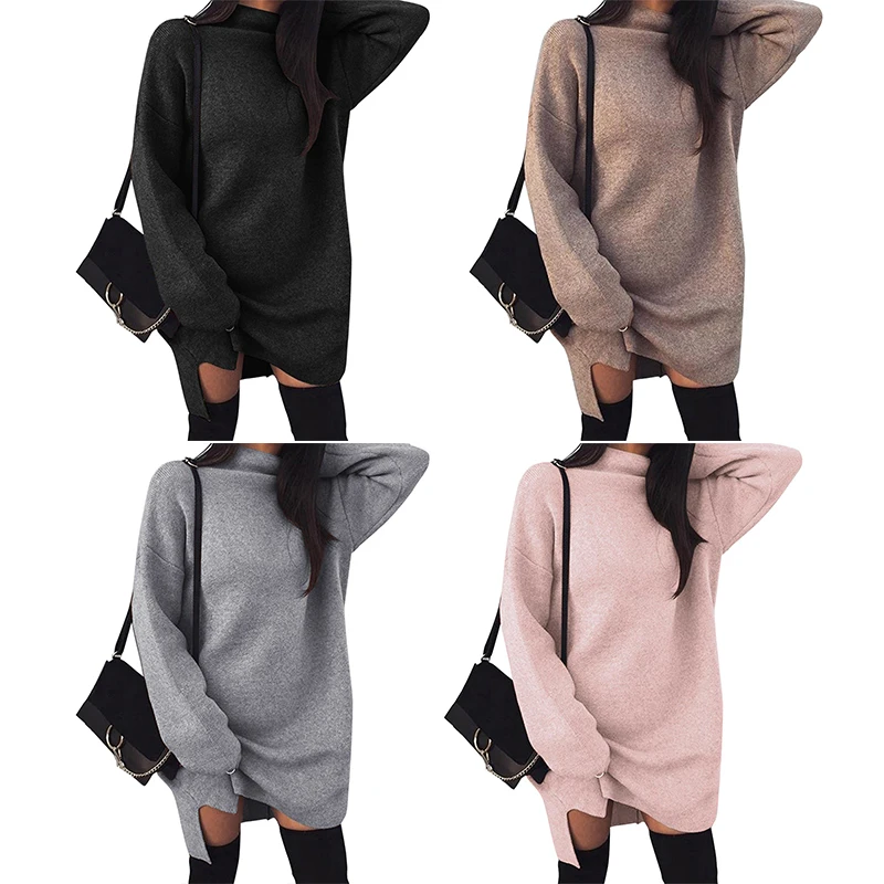 Женское трикотажное платье свитер с высоким воротником теплые платья