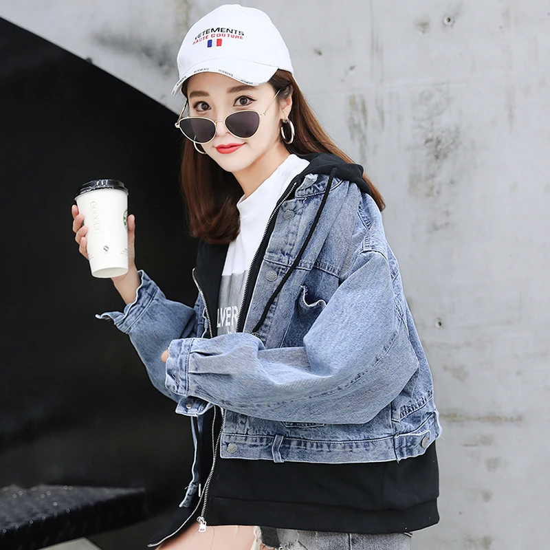 Мода Harajuku Весенняя куртка для женщин с капюшоном в стиле пэчворк джинсовая 2021