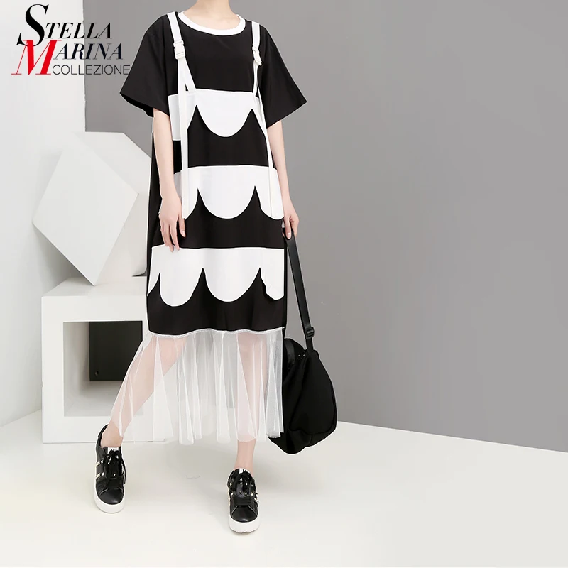 2019 корейское женское летнее черное платье футболка с геометрическими