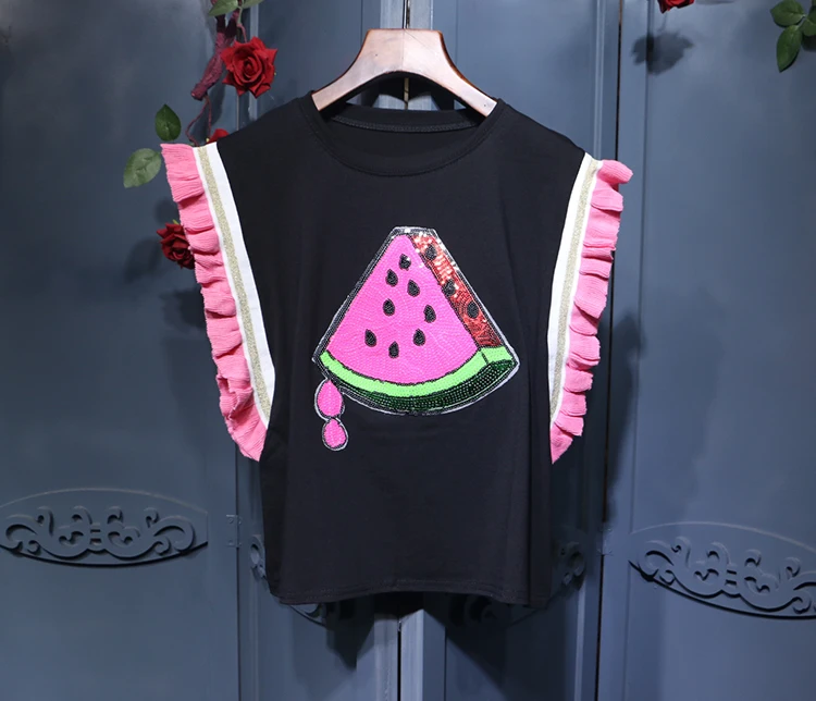 Amolapha Women Sequined Watermelon Butterfly Sleeve Tshirts Tees Woman Ruffles Patchwork Jumper Tops Clothing | Женская одежда