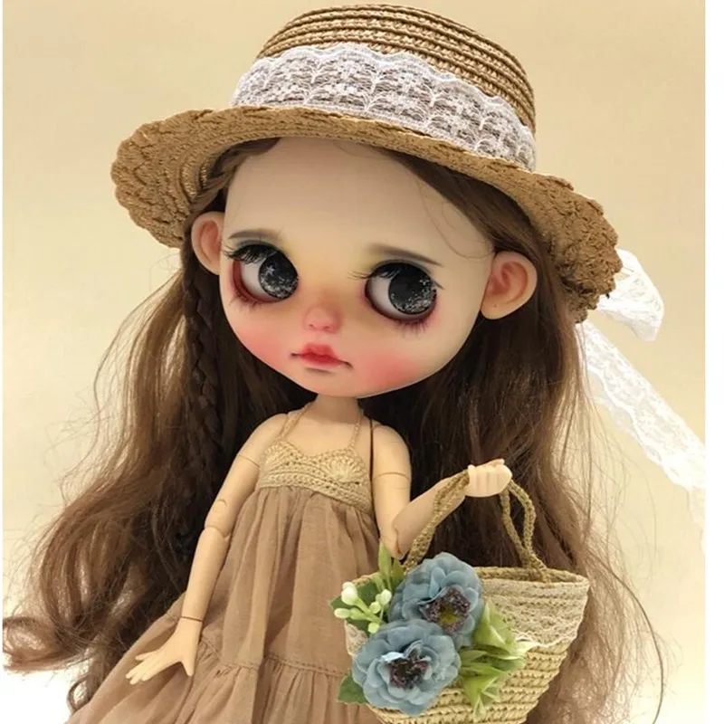 Винтажная круглая кукольная шляпа-котелок, шапки для куклы Blythe, модная кружевная соломенная шляпа ручной работы для Blyth Sharon 1/3, аксессуары для куклы BJD