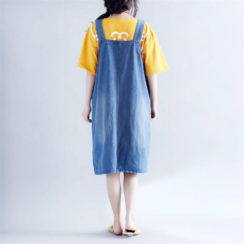 Женское джинсовое платье свободное Повседневное из денима на бретельках большие