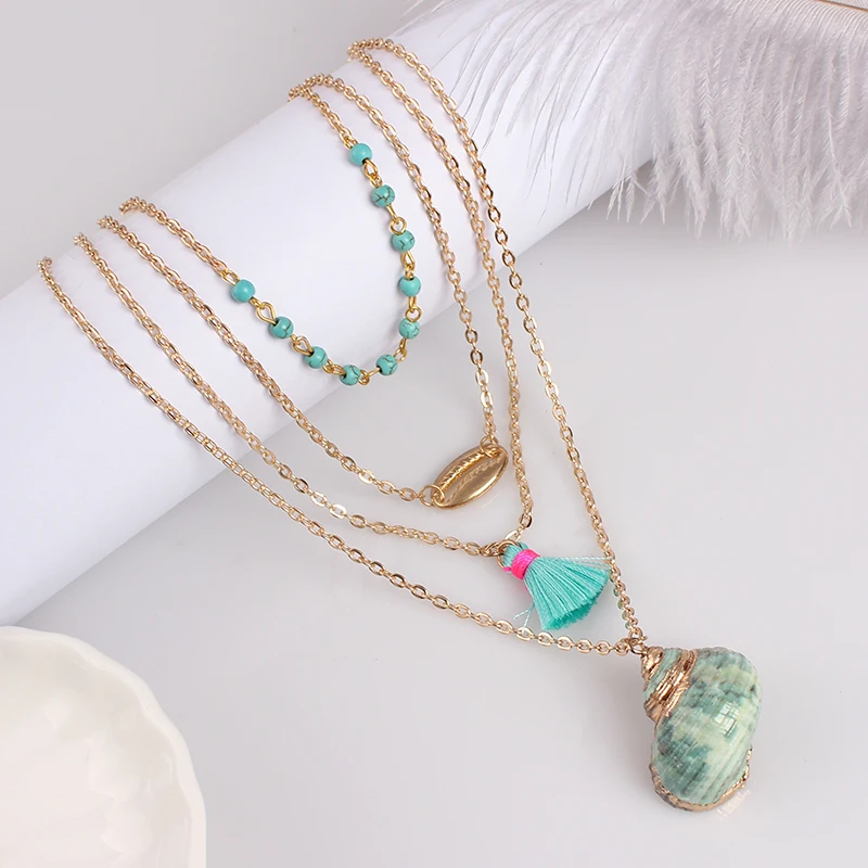 Бохо океан пляж раковина Каури ожерелье Многослойные синие Бусины с кисточкой ожерелье Женщины Чокер-колье Collares лето пляж