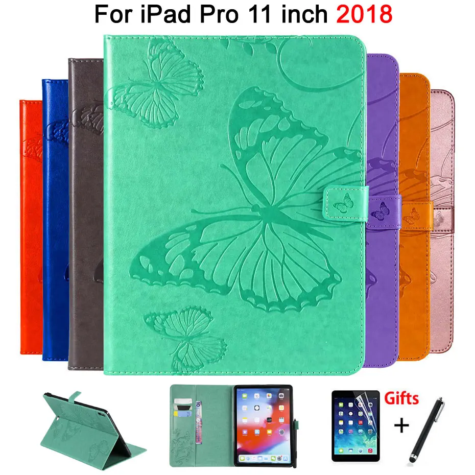 3D Butterfly Flip Case For iPad Pro 11&quot (2018) Tablet Funda New 11 inch 2018 PU Leather Cover Stand Shell +Film+Pen | Компьютеры и