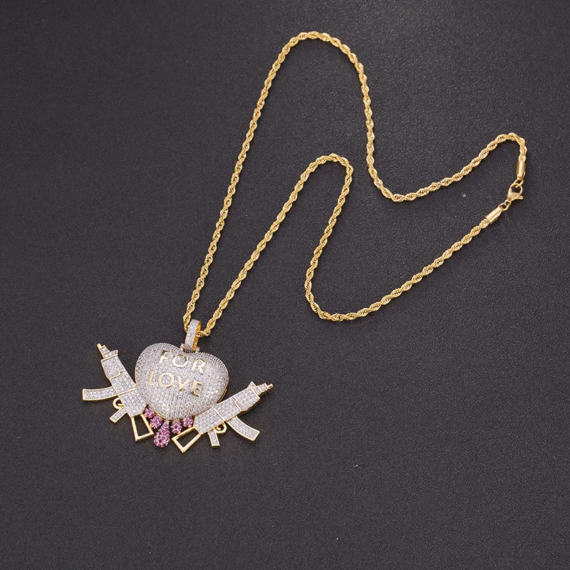 Хип хоп AAA CZ камни выложены Bling Ice Out Gold Forever Lover Heart AK 47 кулоны с оружием ожерелье для