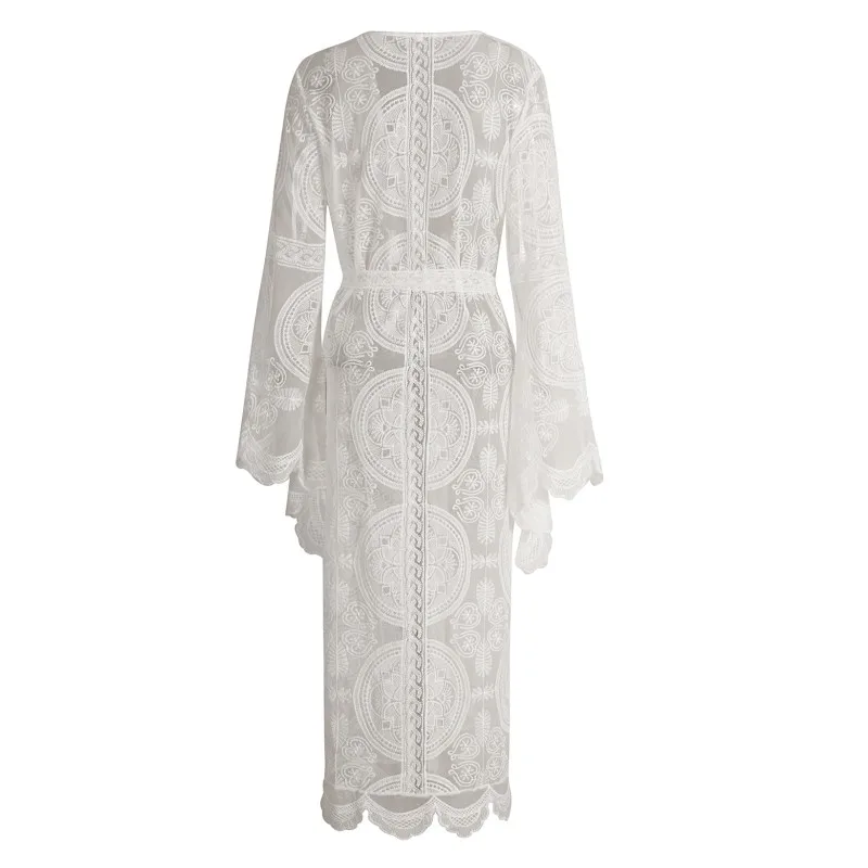 Женский кружевной длинный кардиган Прозрачное кимоно большого размера с длинным