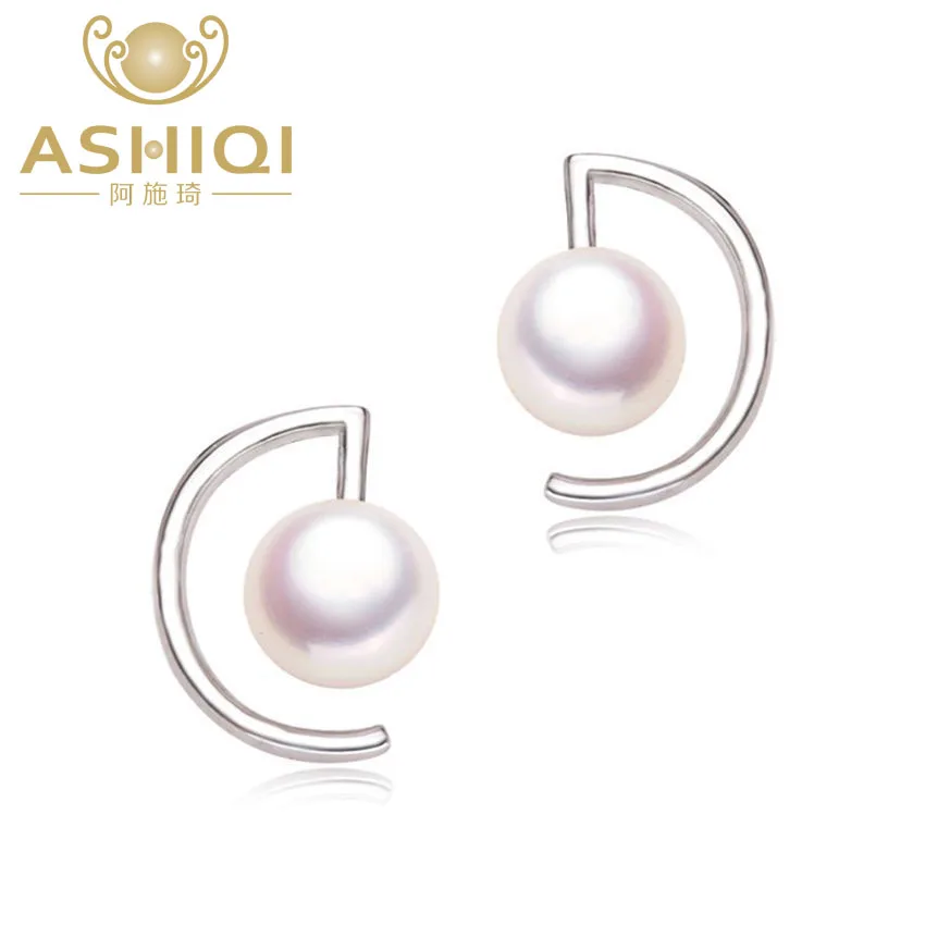 

ASHIQI 925 Sterling Silver stud earrings 7-8mm Natural Freshwater Pearl Earring For Women Fine Jewelry