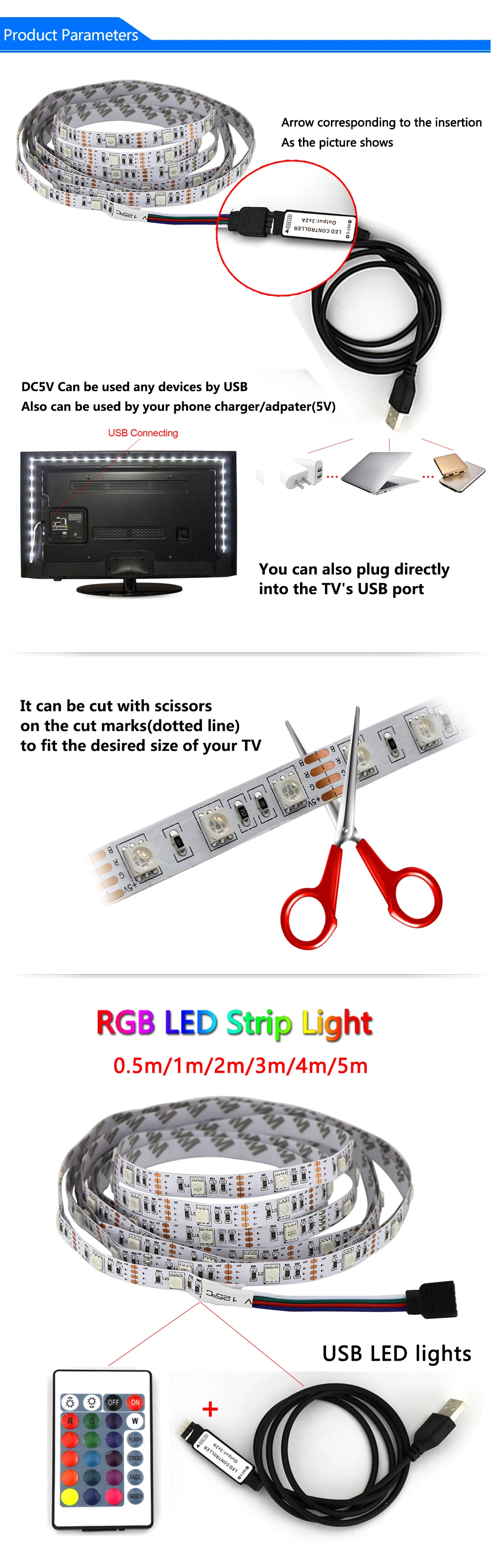 ТВ фоновое освещение DC5V USB Светодиодная лента 5050 RGB Рождественская настольная декоративная лампа с 24 клавишами RF контроллер 50 см/1 м/2 м/3 м/4 м/5 м набор