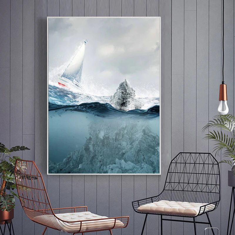 

Broad Seascape Canvas Paintings Lonely Boat in Huge Waves Poster Large Size Flying Birds Print Wall Art Pictures for Living Room