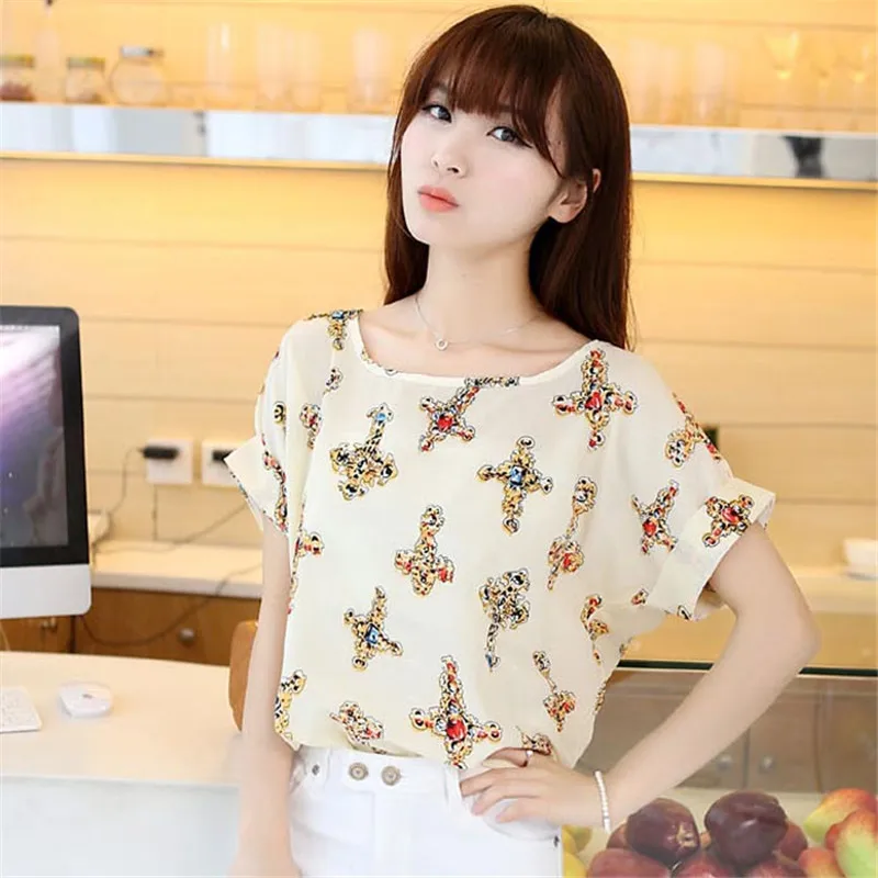 

2017 Hot Sale New Women Girl Casual T Shirts Chiffon Cross Printed Short Sleeve Summer Blusas Tops Free Shipping Wholesale Jack