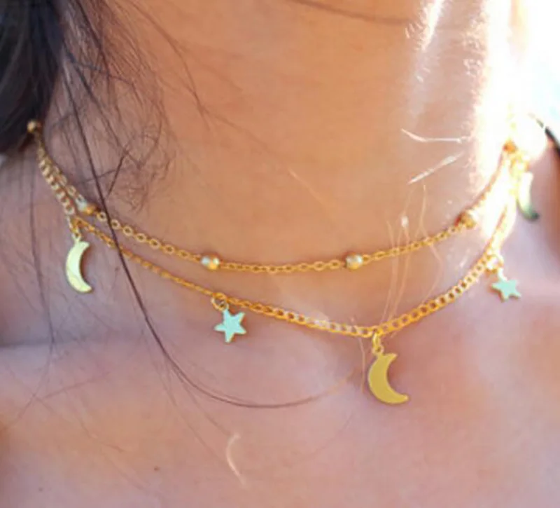 Женское Двухслойное ожерелье чокер с подвеской в виде звезды и Луны|charm choker|choker