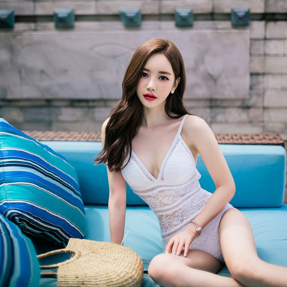 Korean solid Swimsuit Sexy girl Lace One-Piece Suits Push-Up Padded Brazilian hot Set Beach Bathing Swimwear Bikini set | Спорт и
