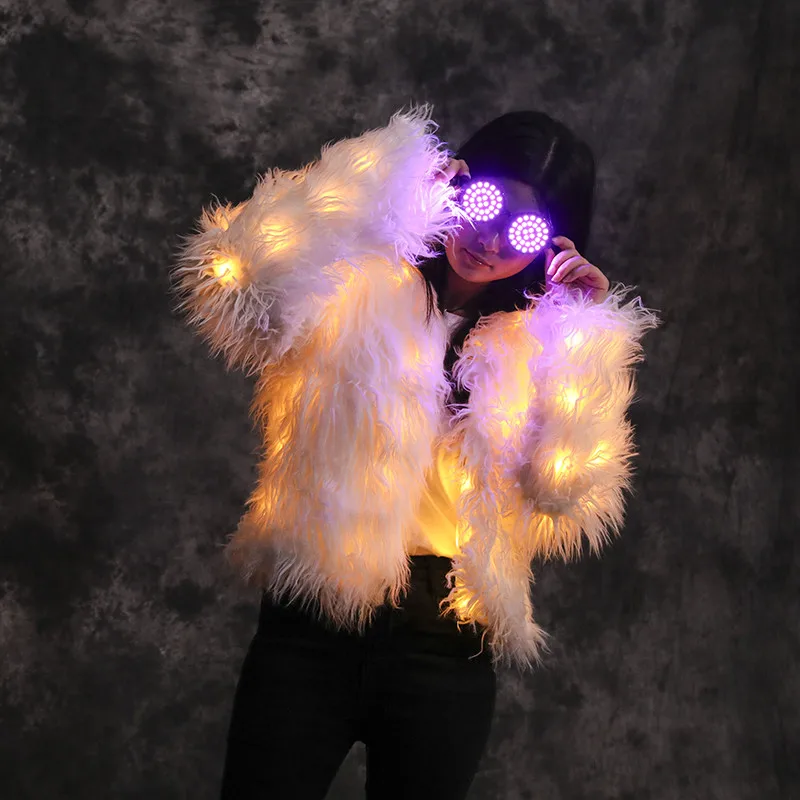 

M70 Ballroom dance party female luminous wears led light costumes dj colorful fur coat rave festival outfits bar clothing disco