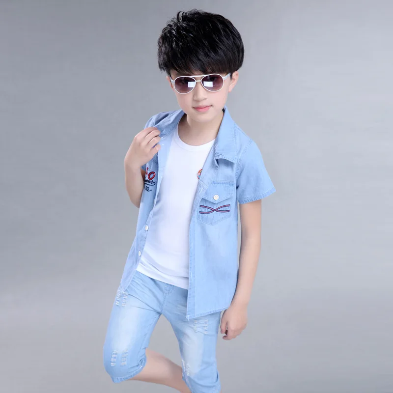 Kids Clothes Boy Summer Set Boys Denim Shirt + Jeans Shorts Children Clothing Brand for Size 4-14 |