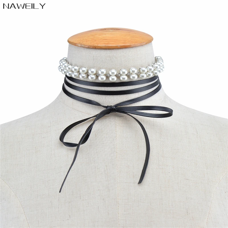 Мода нескольких слоев PU Чокеры ожерелья Имитация Pearl короткое ожерелье для