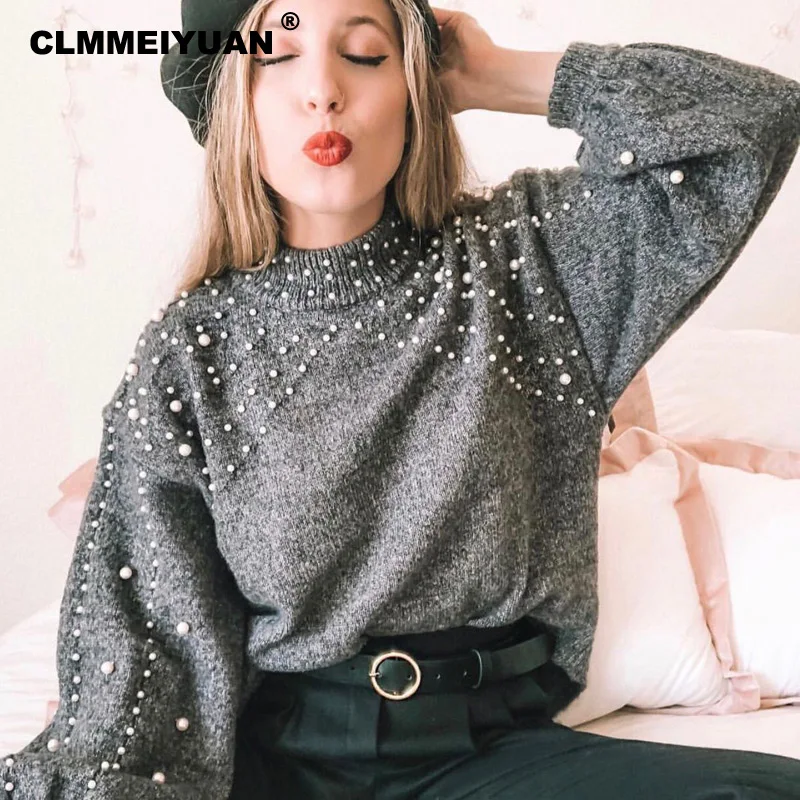 Шикарные топы с жемчужными бусинами вязаные свитера высоким воротом женские
