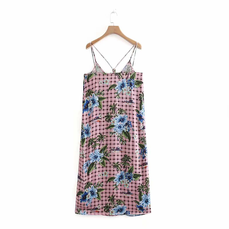 2019 Spring-Summer Chic Women Flower Print Long Dress Female Za Boho Plaid Spaghetti Strap Fashion Dresses vestidos de fiesta | Женская