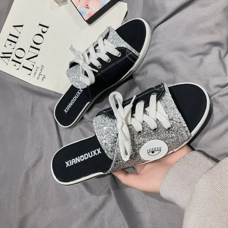 Женские тапочки Новинка лета 2019 года парусиновая обувь женские с дырявым носком