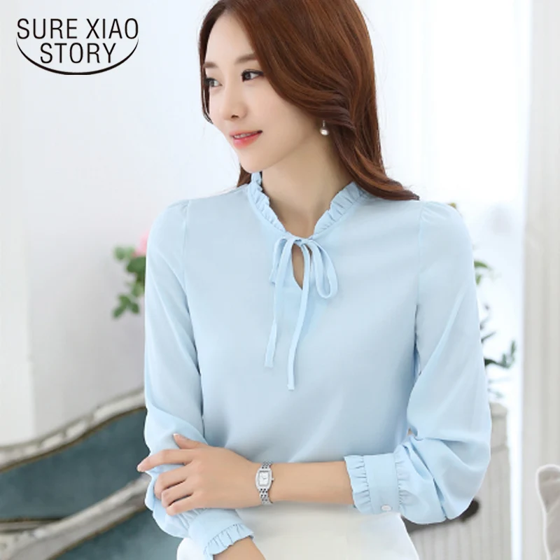

Women Blouses solid clothing casual loose Long Sleeve Bow Tie Lady Chiffon Shirts thin fashion Blouses 880I 25