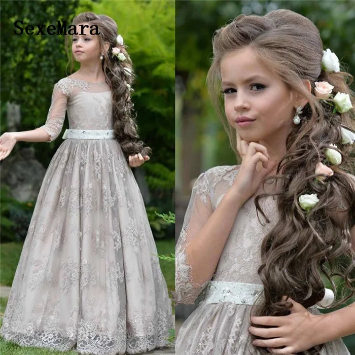 Gray Flower Girl Dresses for Wedding Lace Princess A Line Long Sleeves Pageant Party Gown For Kids Birthday | Детская одежда и