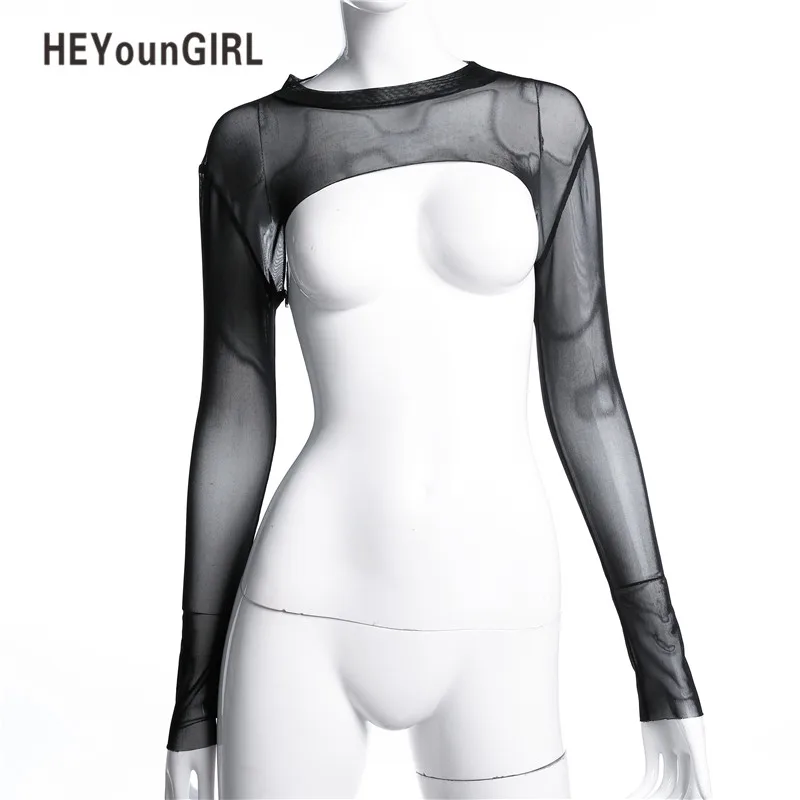 HEYounGIRL прозрачные сексуальные короткие топы летние посмотрите на дешевое Сетчатое женское платье с длинным рукавом нейлоновый топ топы футболки Patry Клубная одежда