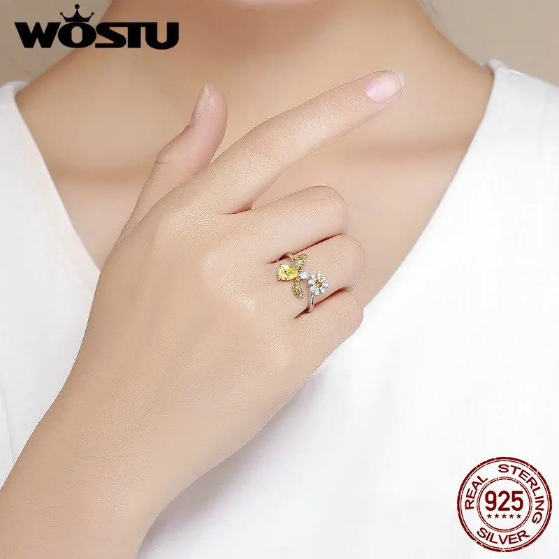 WOSTU, 925 пробы, серебряная пчела с ромашками, регулируемые Открытые Кольца для женщин, вечерние и свадебные 925, ювелирное изделие, подарок CQR348