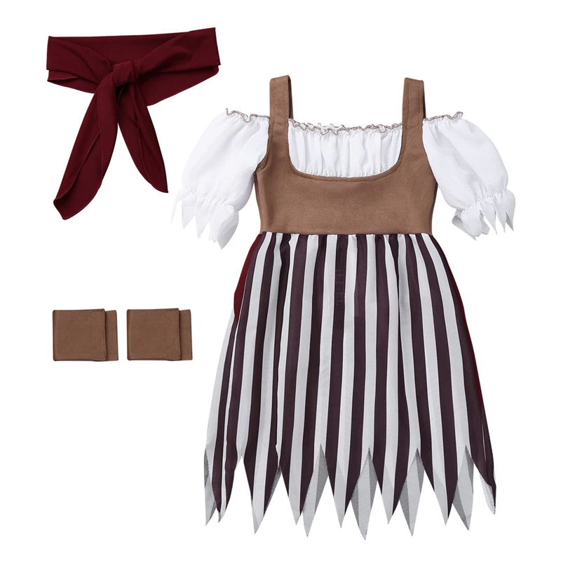 2018 Girls Pirate Costumes Short Sleeves Off Shoulder Cosplay Dress with Head Scarf Wristband for Carnival Party | Тематическая