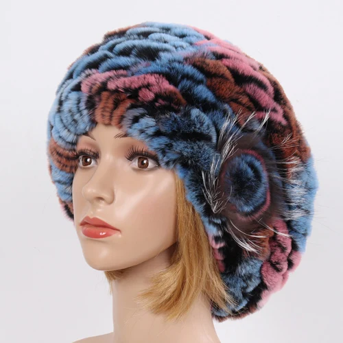 colorful 2 Новинка, настоящий мех кролика, шапочки, женская вязаная шапка, натуральный настоящий мех кролика, берет, шапки для девушек, зимние теплые шапки из натурального меха - Цвет: colorful 2