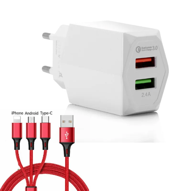 Путешествия Зарядное устройство быстрой Charge3.0 быстро Зарядное устройство Портативный стены USB Мощность адаптер для зарядки Iphone samsung Xiomi с 3-в-1 кабель - Цвет: EU White Set 2
