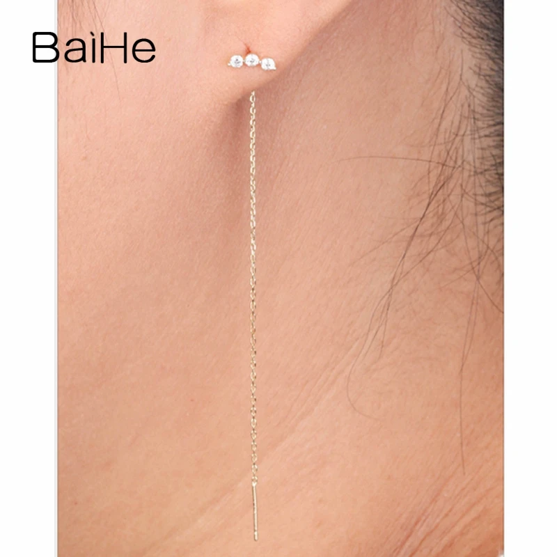 BAIHE Твердые 18 К желтого золота 0.02CT H/SI круглые натуральные бриллианты Свадебные модные ювелирные изделия Элегантные уникальные серьги-гвоздики