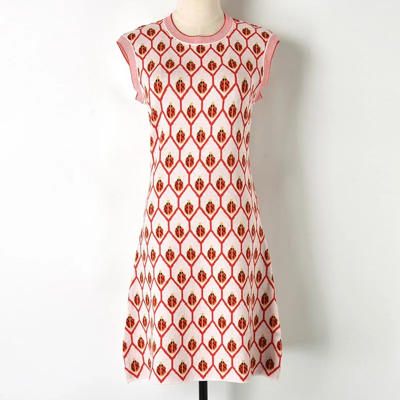 vest dress Модный комплект с свитером, элегантное женское платье с круглым вырезом, Геометрическая божья коровка, жаккард, без рукавов, Вязанный жилет, платье и кардиган, комплекты с свитером, костюм - Цвет: vest dress