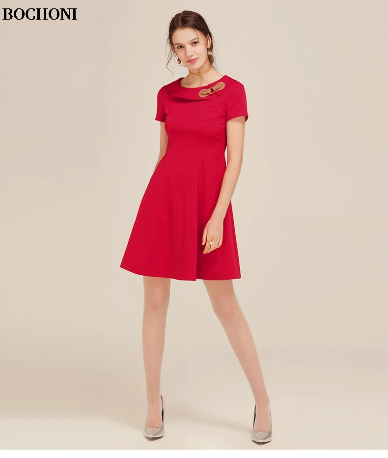 Атмосферное Круглый воротник с коротким рукавом Высокая талия тонкая красное